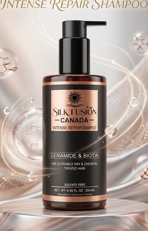 Intense Repair Shampoo, a black bottle with rose-gold label, on a silk backdrop