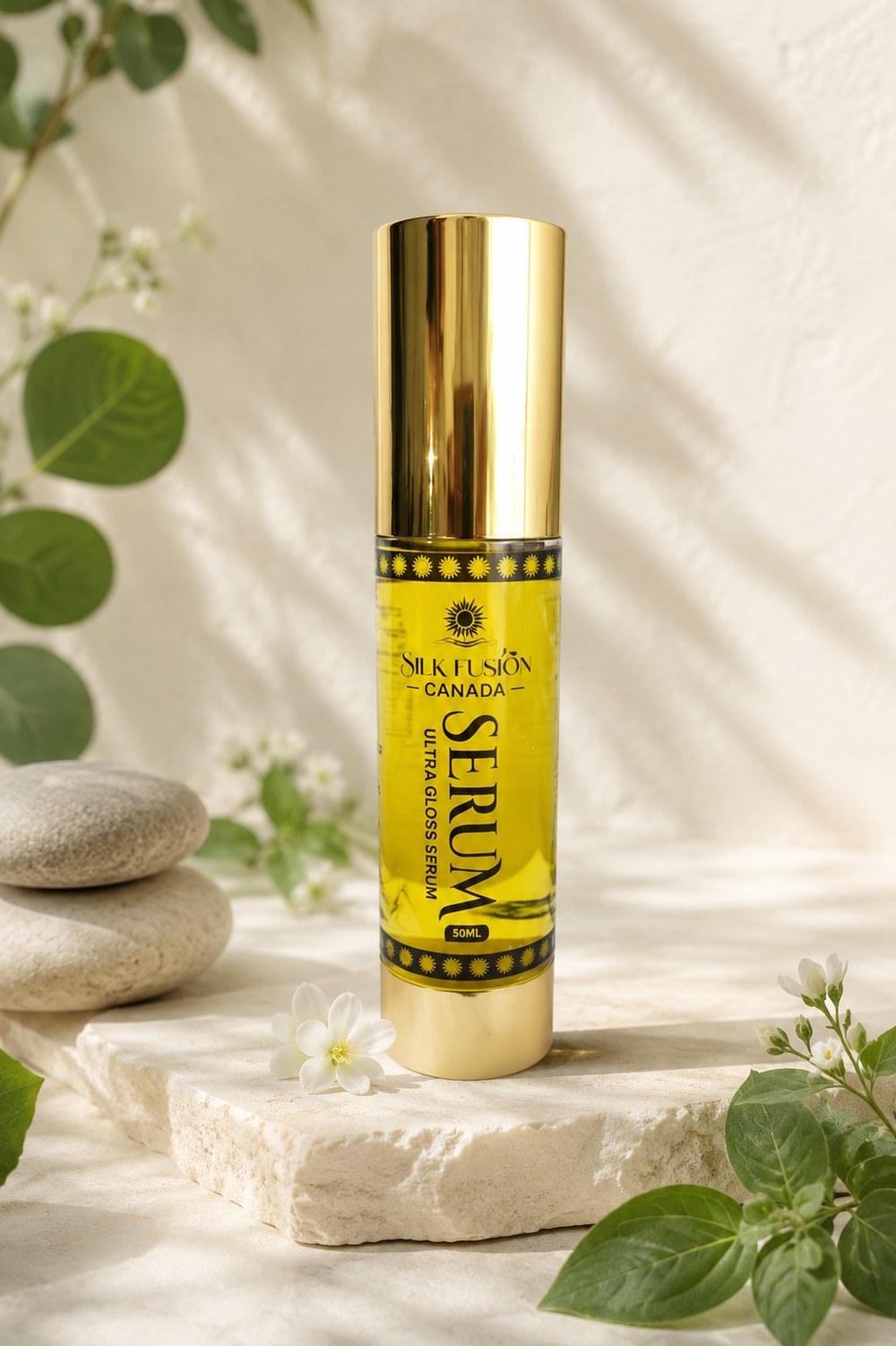 Ultra Gloss Serum, a gold 50 ml pump bottle, on pale stone with jasmine