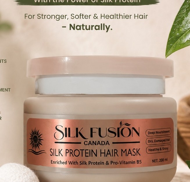 Silk Protein Hair Mask jar on stone, with silk cocoons and leaves