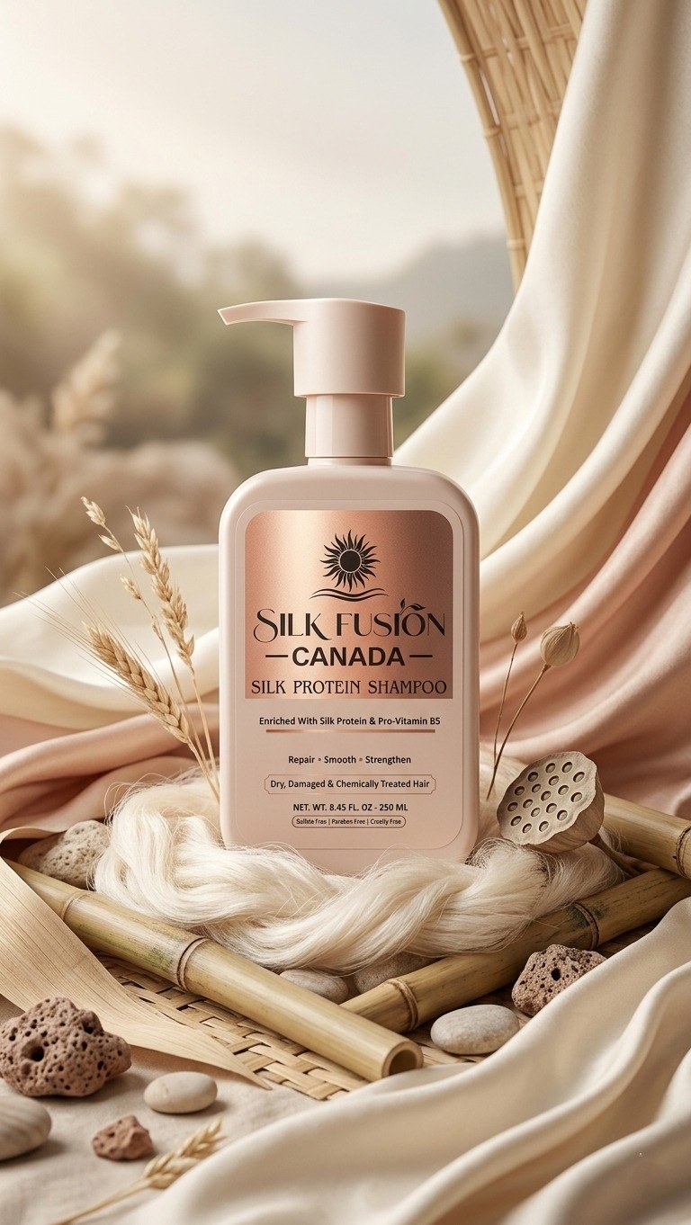 Silk Protein Shampoo, a blush bottle with rose-gold label, beside raw silk and bamboo